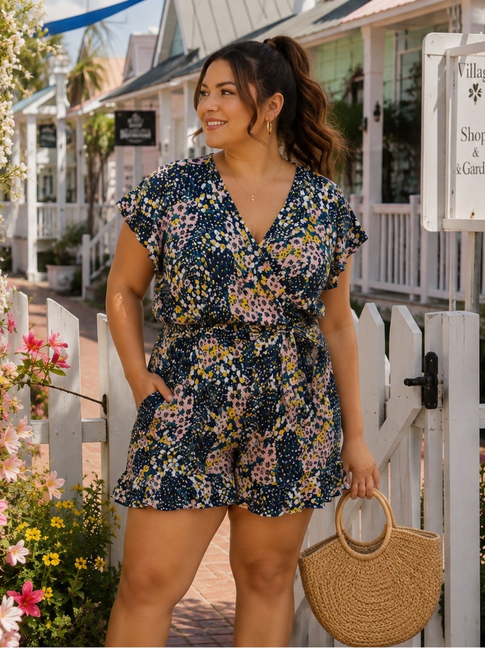 LOFT Plus Floral Wrap Romper Navy Pink Yellow Viscose Flutter Sleeve Size 18 NWT